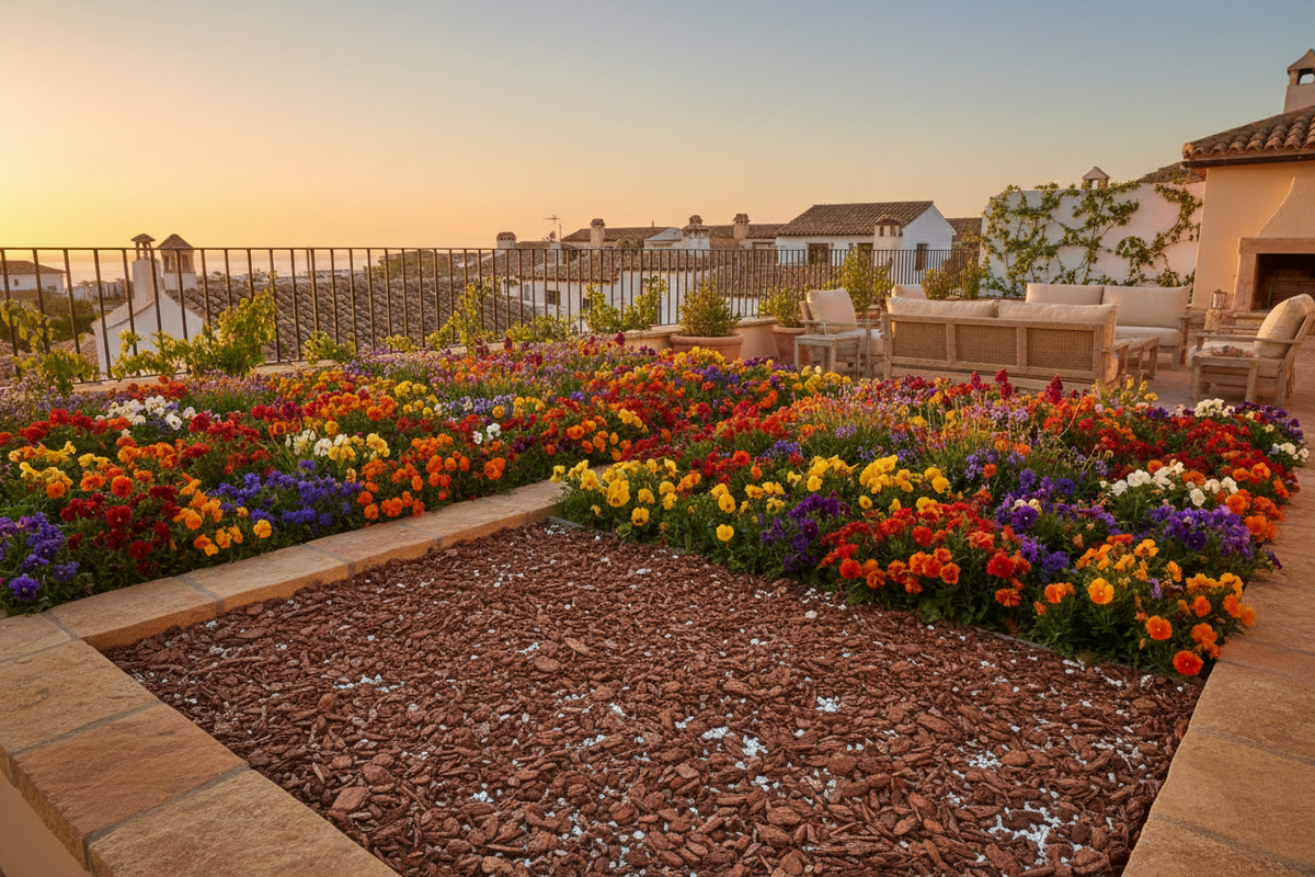 un attique au coucher de soleil avec de grands parterres de fleurs et comme substrat écorce de pin broyée collée avec résine de fixation pour qu'elle ne bouge pas