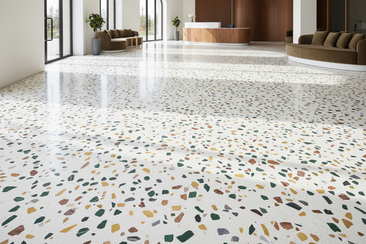 Pavimento de terrazo continuo ejecutado con Sikafloor®-169 de Sika, resina epoxi ligante para áridos decorativos - Vetonek