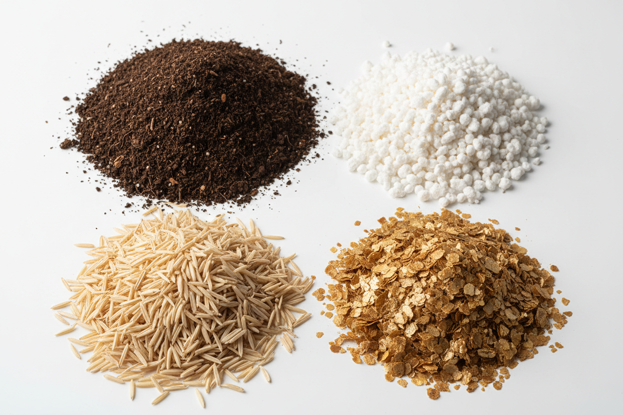 varios montoncitos de tierra vegetal, perlita, vermiculita, cascara de arroz, con fondo blanco