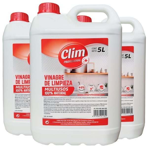 Vinaigre de nettoyage 100 % naturel multiusages Clim Profesional 5L - Boîte de 3 unités Vetonek