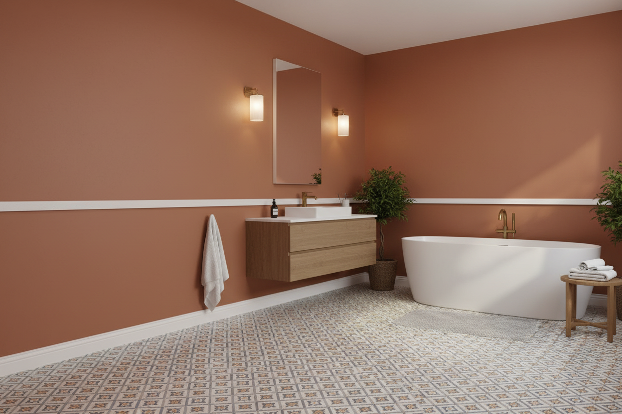 Baño con Zócalo Albarracín Blanco de hormigón rematando paredes terracota - Vetonek